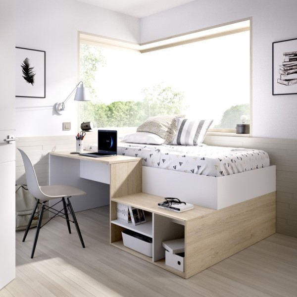 Cama compacta con escritorio Kric blanco y roble natural 72.7x133.8x195.2 cm