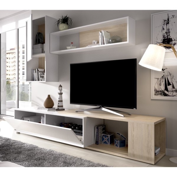 Mueble de salón TV Obi blanco brillo y roble natural 180x180/230x41 cm