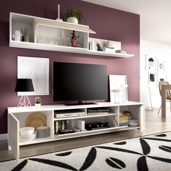 Mueble de salón TV Ken blanco brillo y roble natural 180x200x41 cm