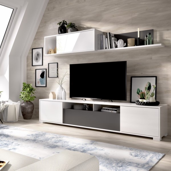 Mueble de salón TV Ken blanco brillo y grafito 180x200x41 cm
