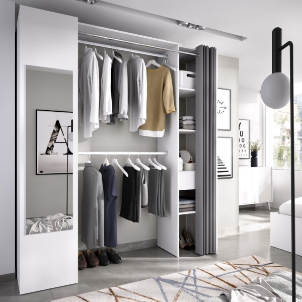 Vestidor 2+1 con armario, cajón y cortina Suit blanco 205x177.5x52 cm