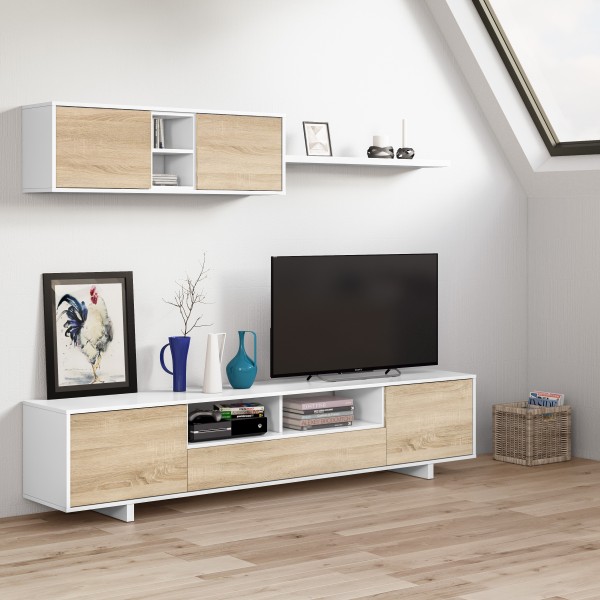 Varys salón tv gris roble canadian y blanco brillo 46x200x41 cm
